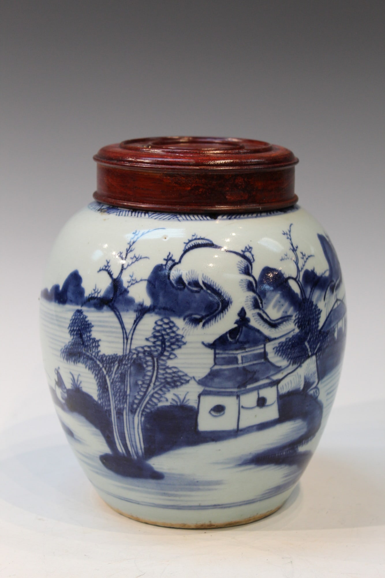 Chinese Blue and White Porcelain Jar with wood lid (1 of 6)