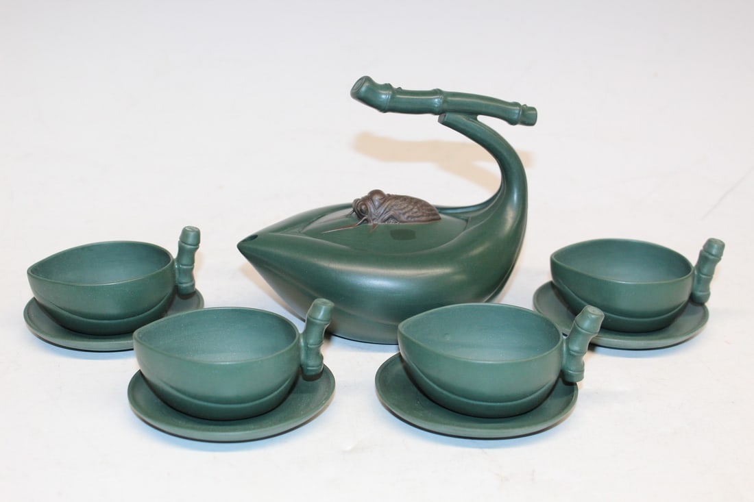 Chinese Green Yixing Tea Set: Chinese Green Yixing Tea Set. Teapot L 5.75". Jiangrong Mark.