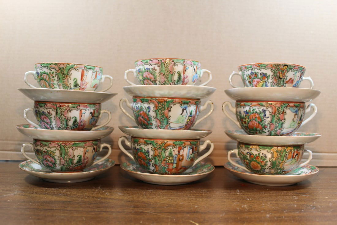 Nine Sets of Chinese Rose Medallion Porcelain Cups and Saucers. (1 of 9)