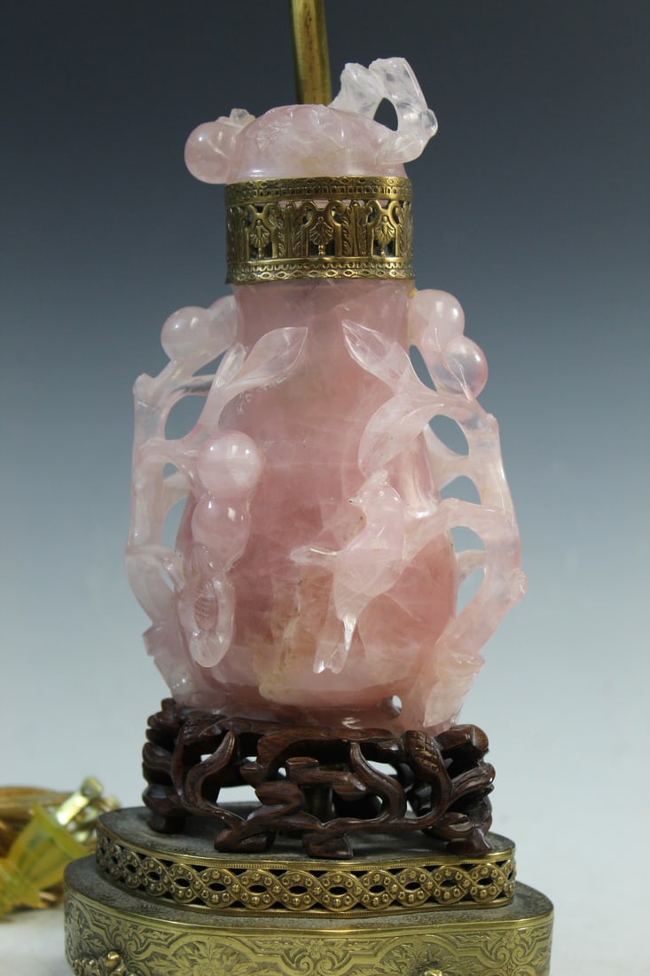 Chinese Carved Rose Quartz Vase Lamp: Chinese Carved Rose Quartz Vase Lamp. Vase H 7". As Is.