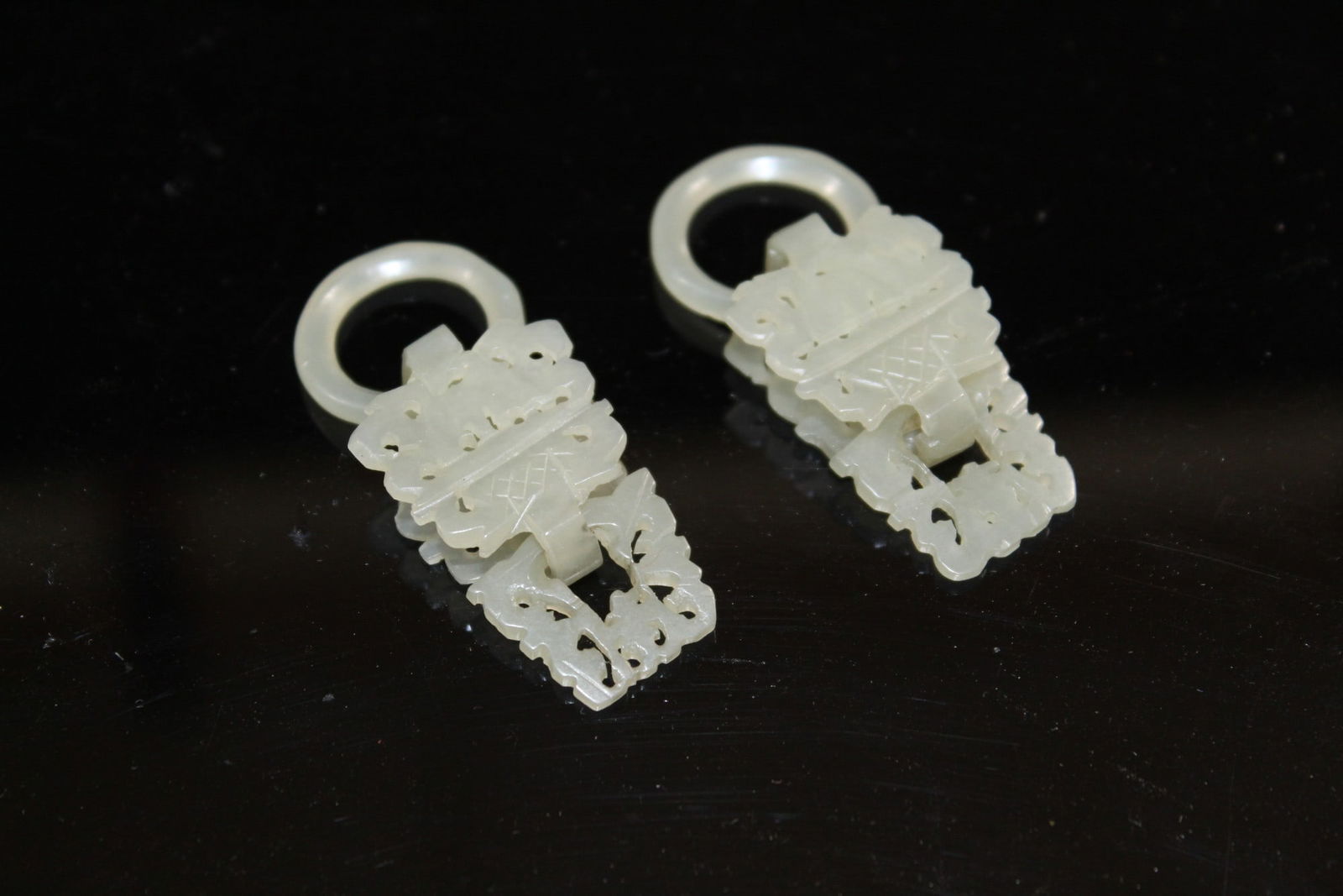 Pair of Chinese Carved Jade Earrings/pendants.: Pair of Chinese Carved Jade Earrings/pendants. . 2 3/4"x 3/4". As Is.