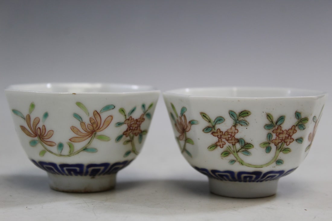 Pair of Chinse Famille Rose Porcelain Wine Cups: Pair of Chinse Famille Rose Porcelain Wine Cups. Tongzhi Mark. Diam 2 1/4".