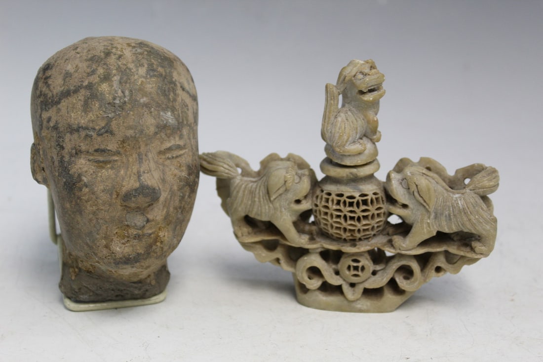 Chinese Soapstone Carving and a Pottery Figure Head. (1 of 4)