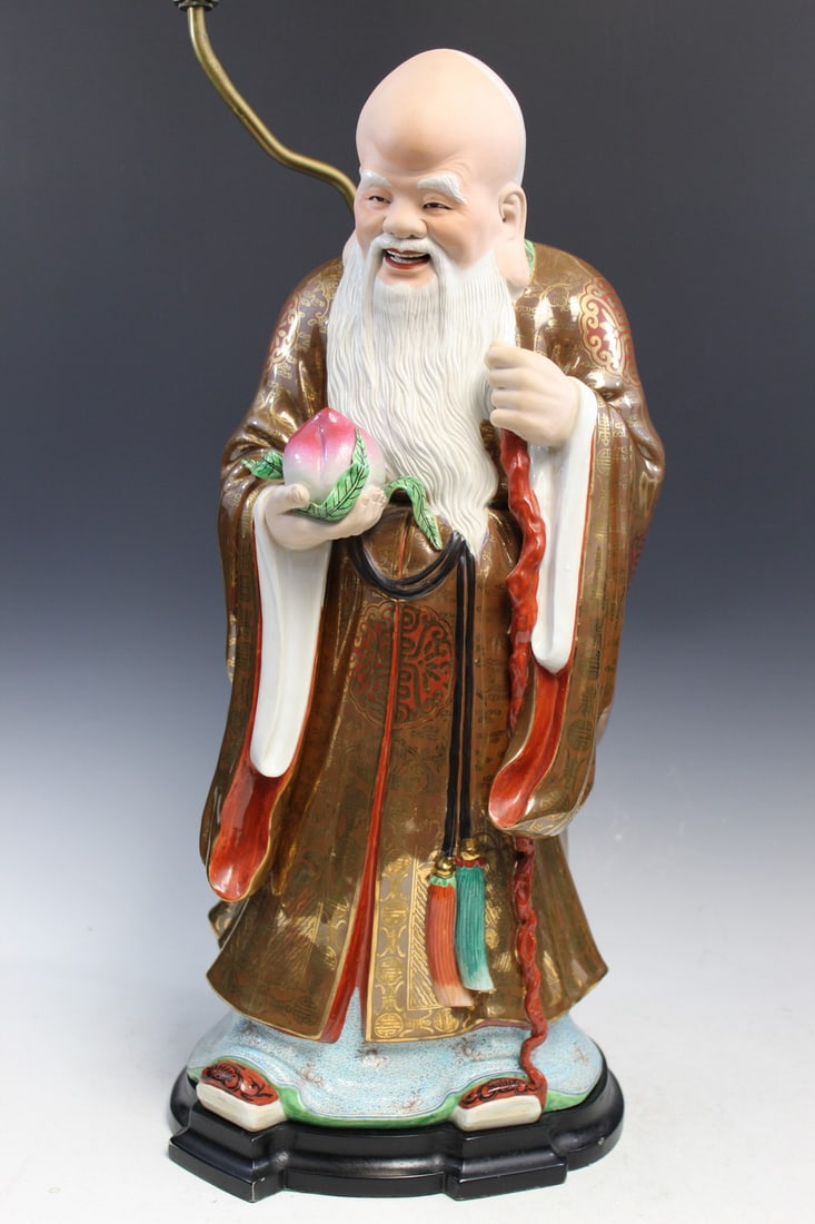 Large Chinese Famille Rose Porcelain Shoulao Statue Lamp (1 of 9)