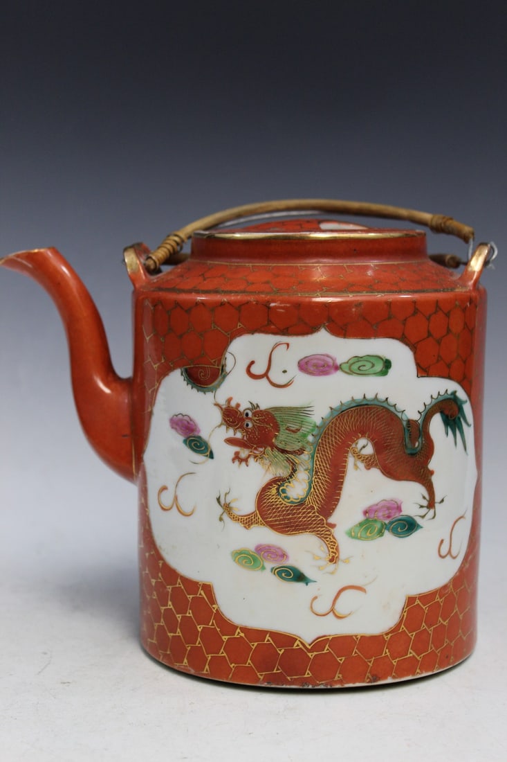 Chinese Coral Red Glazed Porcelain Teapot: Chinese Coral Red Glazed Porcelain Teapot. L 8".