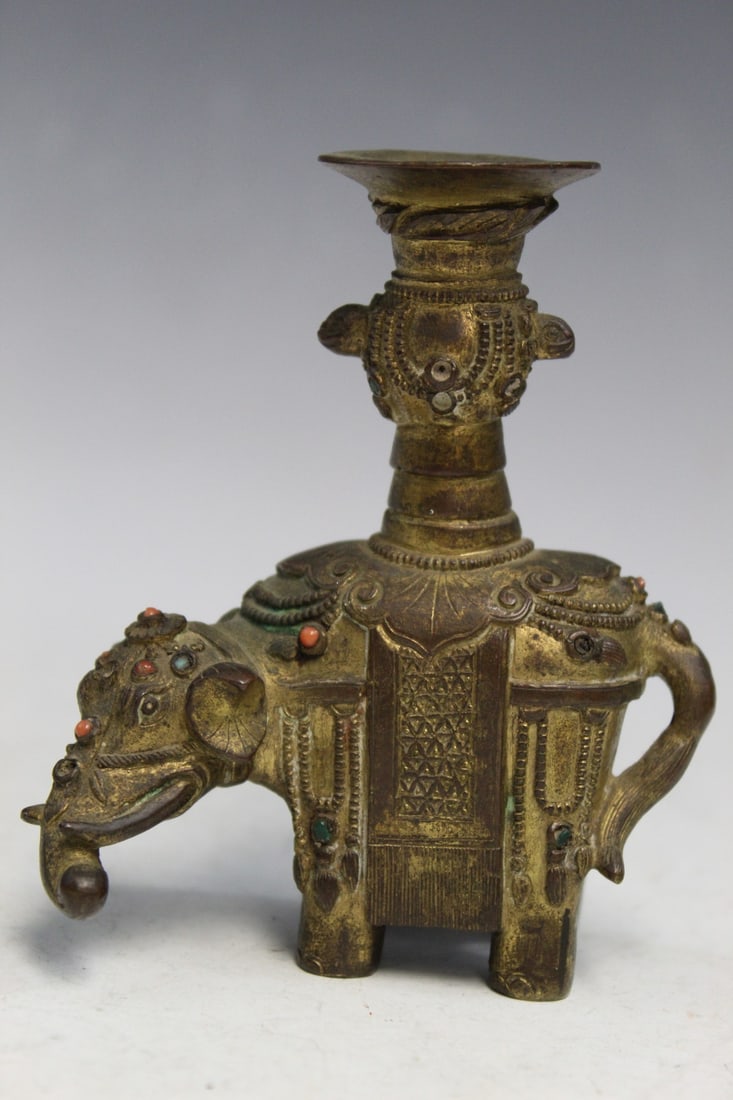 Chinese Gilt Brass Elephant Candle Holder: Chinese Gilt Brass Elephant Candle Holder. H 3 3/4".