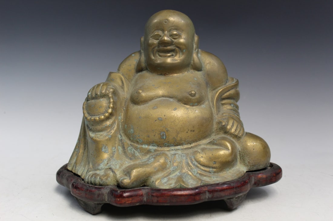 Chinese Brass Laughing Buddha Statue on Wood Stand: Chinese Brass Laughing Buddha Statue on Wood Stand. H 8".