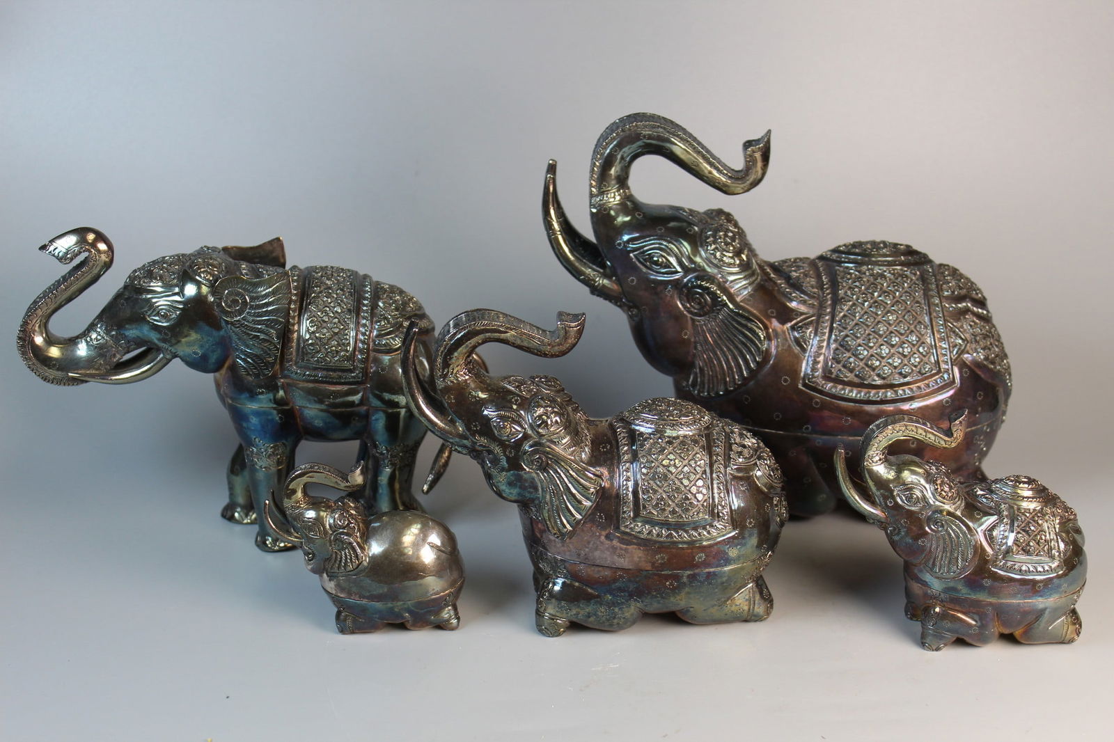 Group of Five Thai Silver Elephant Boxes: Group of Five Thai Silver Elephant Boxes. Largest L 8", H 7". Marked T90. Total weight 1417.8 g.