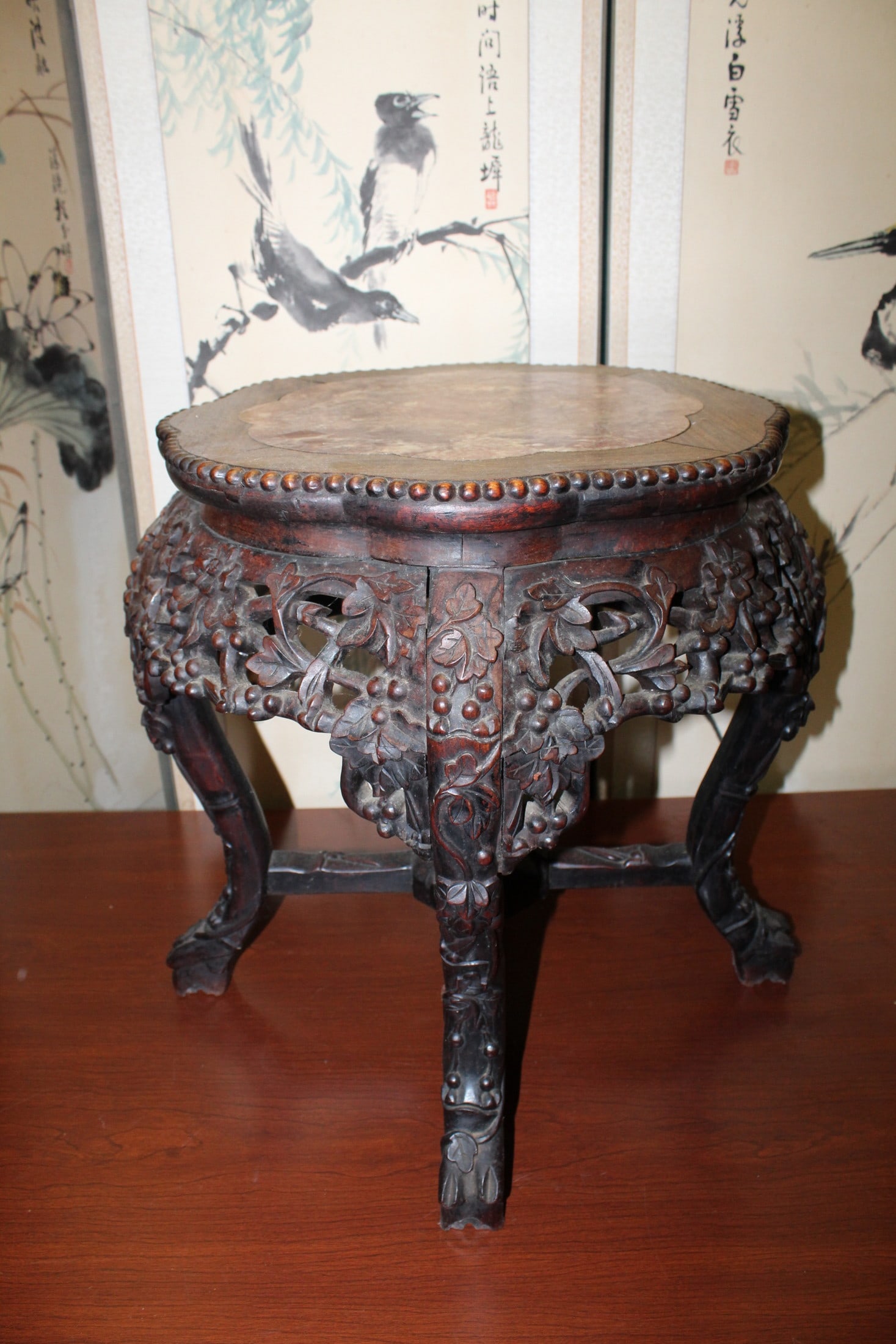 Chinse Rosewood Marble Top Side Table: Chinse Rosewood Marble Top Side Table. H 19". Diam 16".