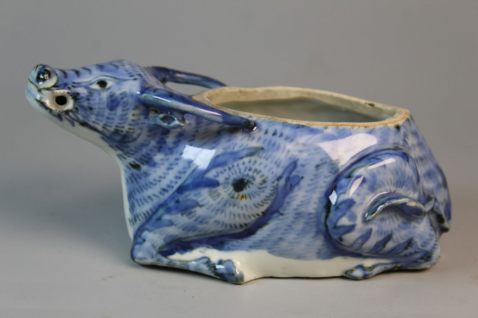 Chinese Blue and White Porcelain Buffalo Water Coupe: Chinese Blue and White Porcelain Buffalo Water Coupe. 19th C. L 6.5". H 2.75".