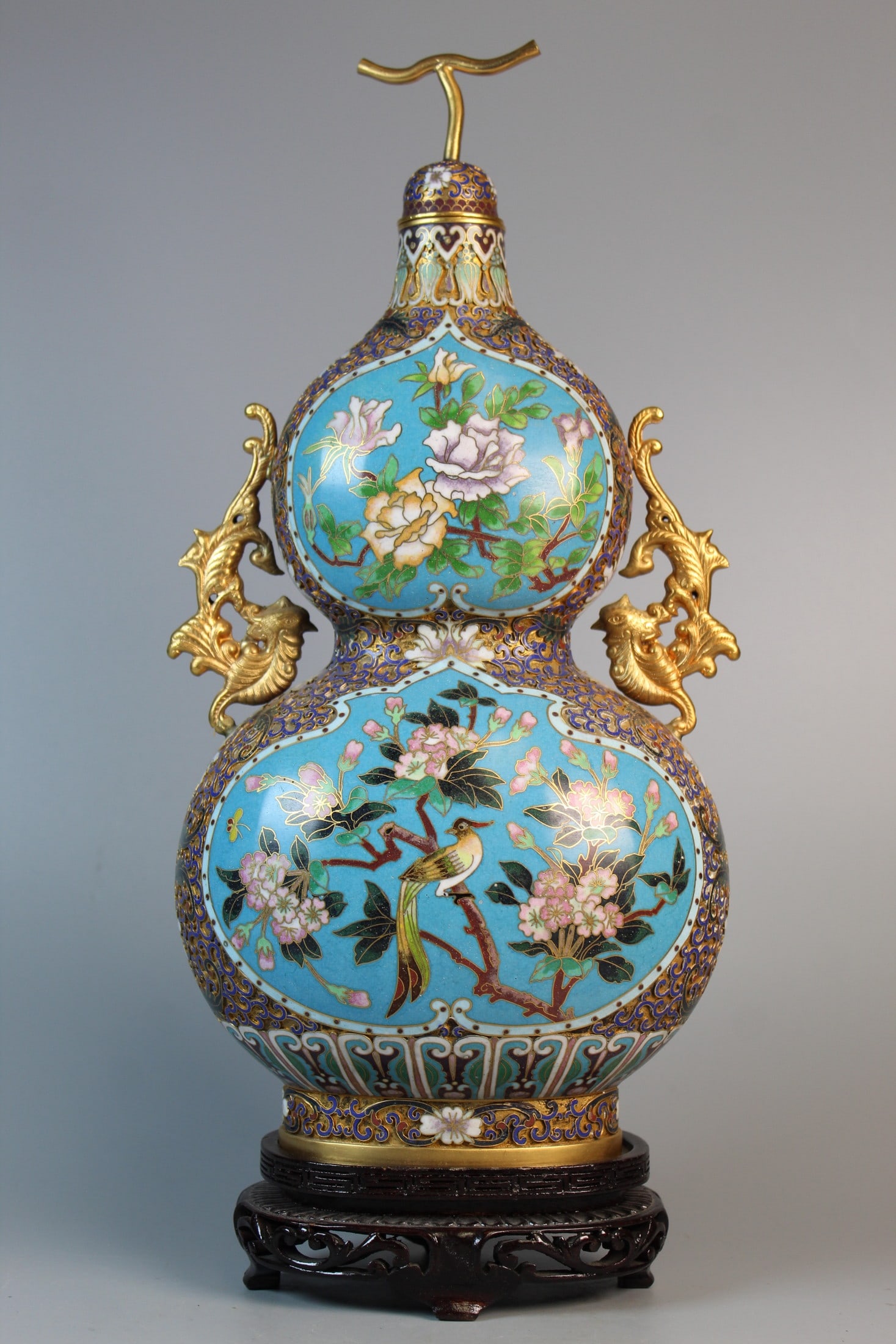 Chinese Cloisonne Double Gourd Vase: Chinese Cloisonne Double Gourd Vase. H 14".