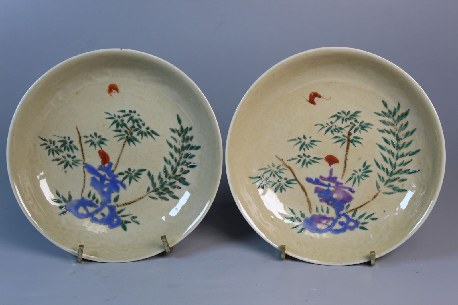 Pair of Chinese Yellow Glazed Famille Rose Porcelain Dishes: Pair of Chinese Yellow Glazed Famille Rose Porcelain Dishes. Diam 6".