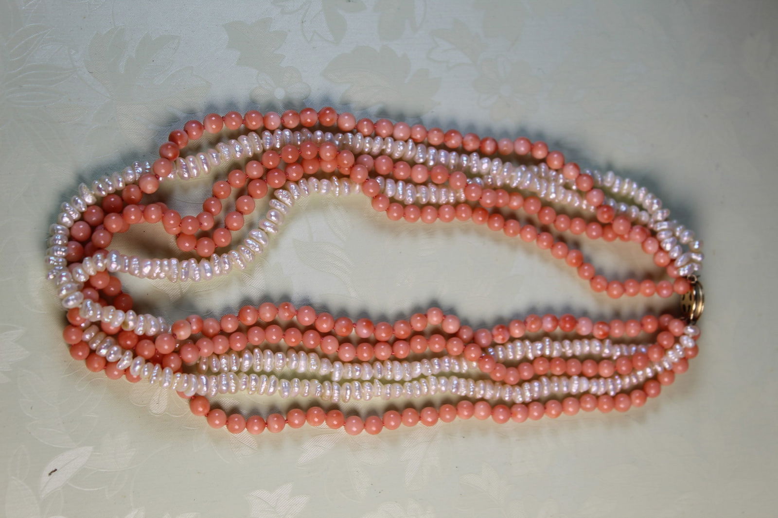 Pearl and Pink Coral Beads Necklace: Pearl and Pink Coral Beads Necklace. L 18".