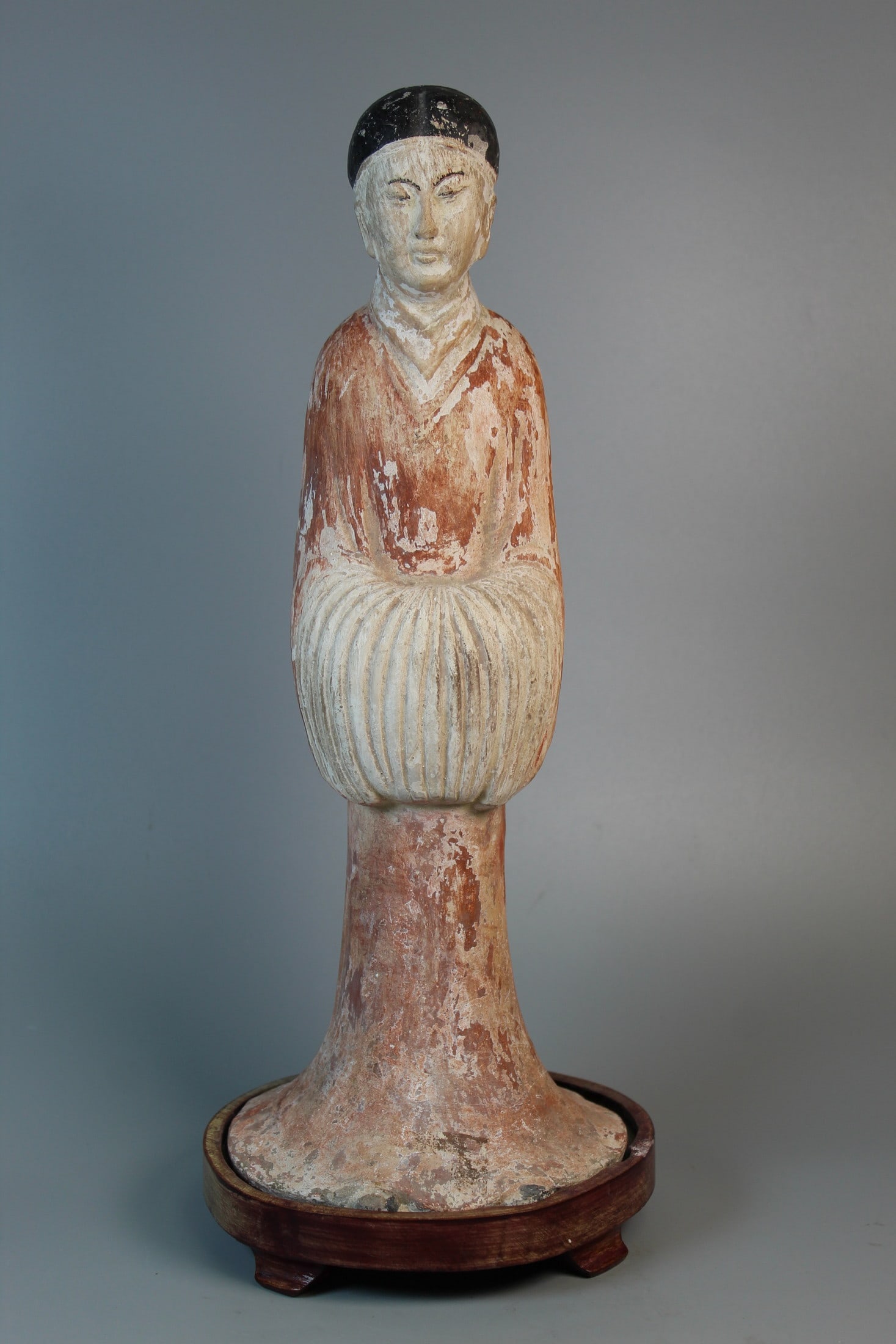Chinese Pottery Lady Figure on Wood Stand: Chinese Pottery Lady Figure on Wood Stand. H 15".