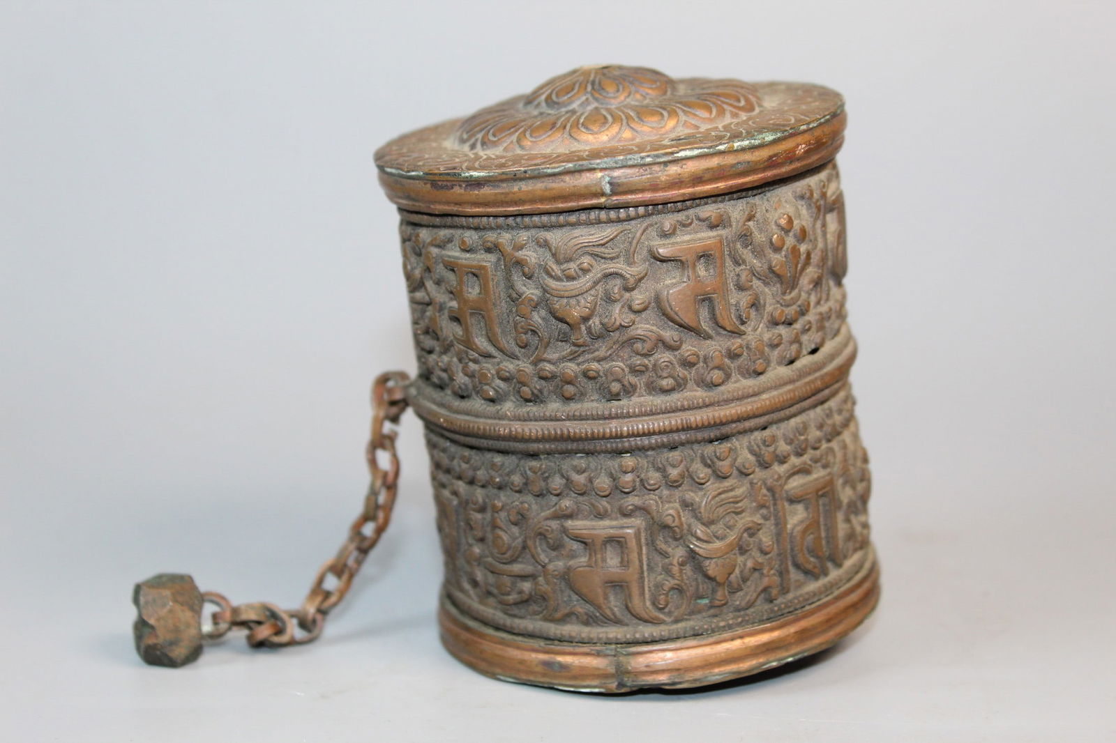 Tibetan Buddhist Wheel: Tibetan Buddhist Wheel. H 3.25". Diam 3".