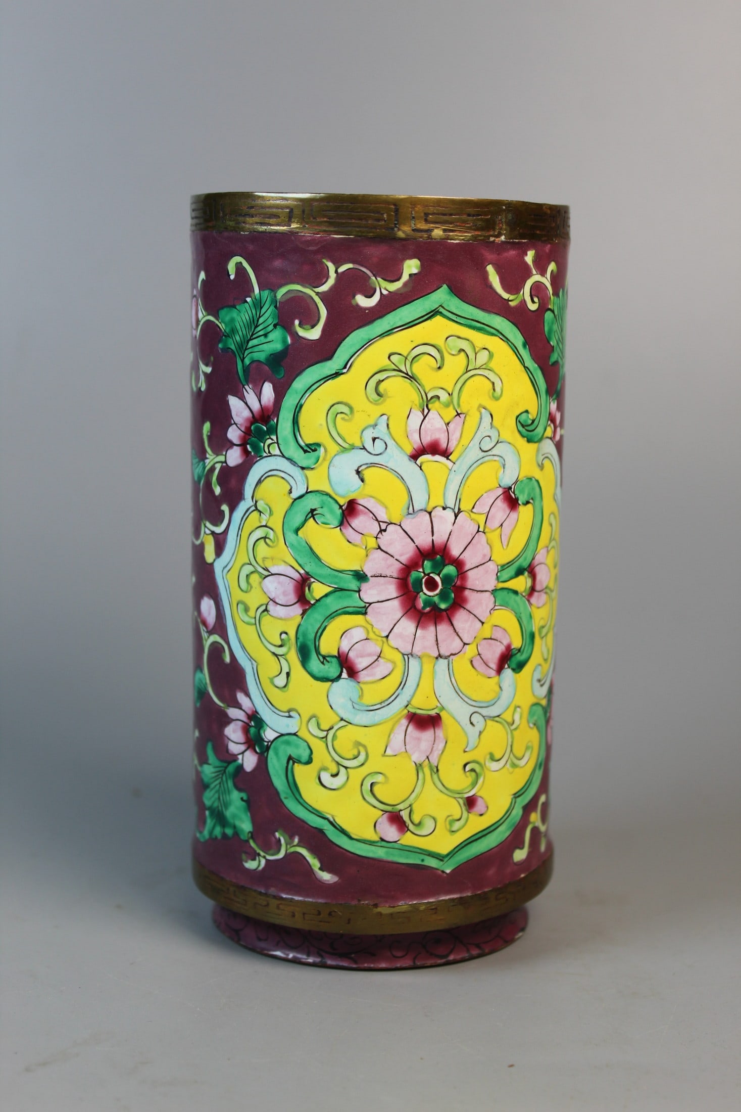 Chinese Enamel on Copper Brush Pot: Chinese Enamel on Copper Brush Pot. H 6". Diam 3".