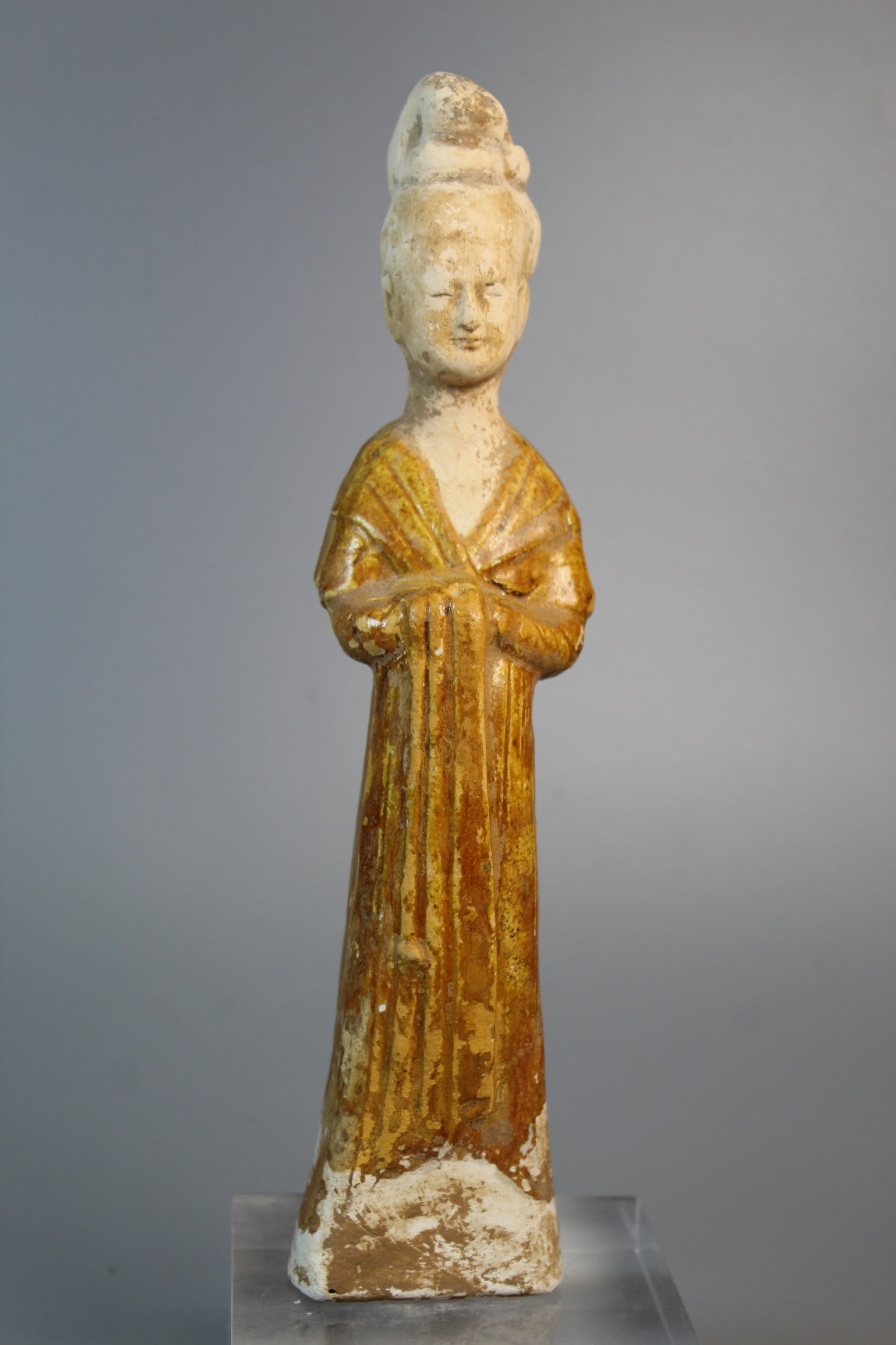 Chinese Tang Pottery Figure of a Lady: Chinese Tang Pottery Figure of a Lady. H 10.75". Stand is not included.