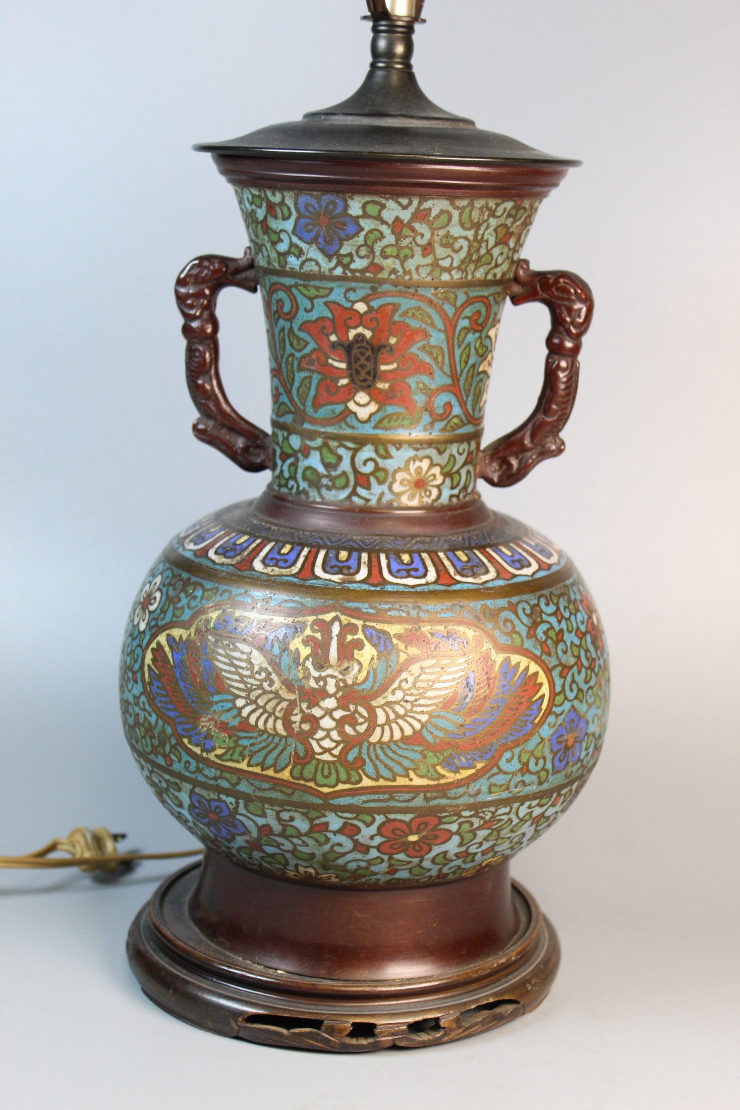 Japanese Cloisonne Vase Lamp: Japanese Cloisonne Vase Lamp. Vase H 12". Total H 27".