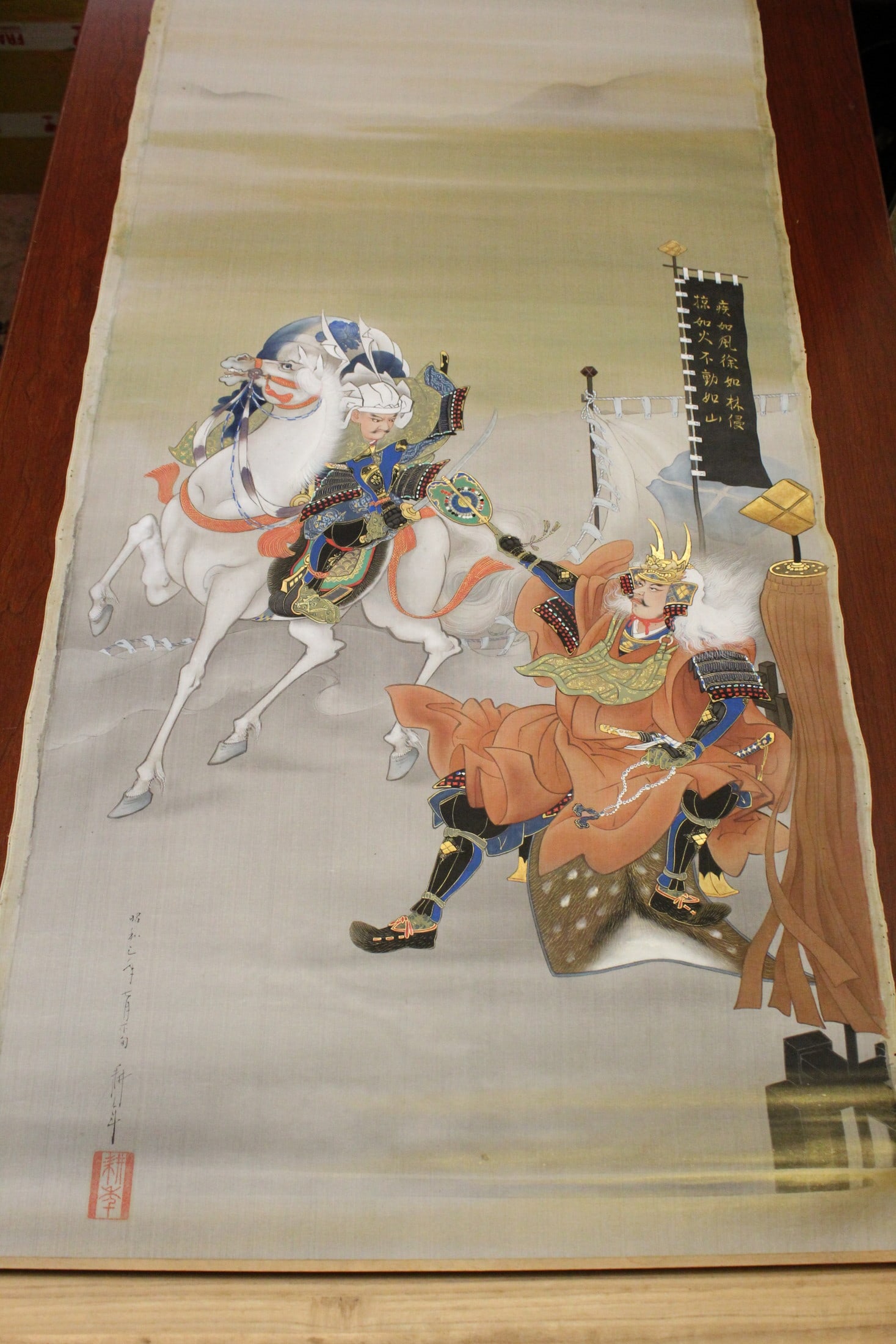 Japanese Ink and Water Color Painting Scroll on Silk of Samurai: Japanese Ink and Water Color Painting Scroll on Silk of Samurai. 53x23.5"