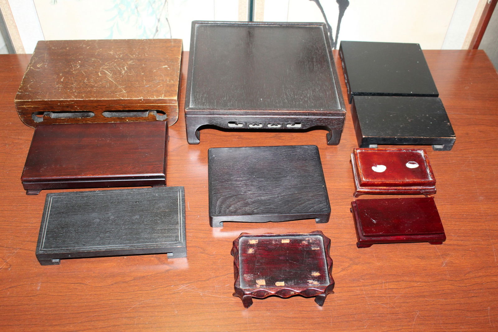 A Group of Asian Wood Stands Square and Rectangular Shaped.: A Group of Asian Wood Stands Square and Rectangular Shaped.. Largest 8.75x9x3".