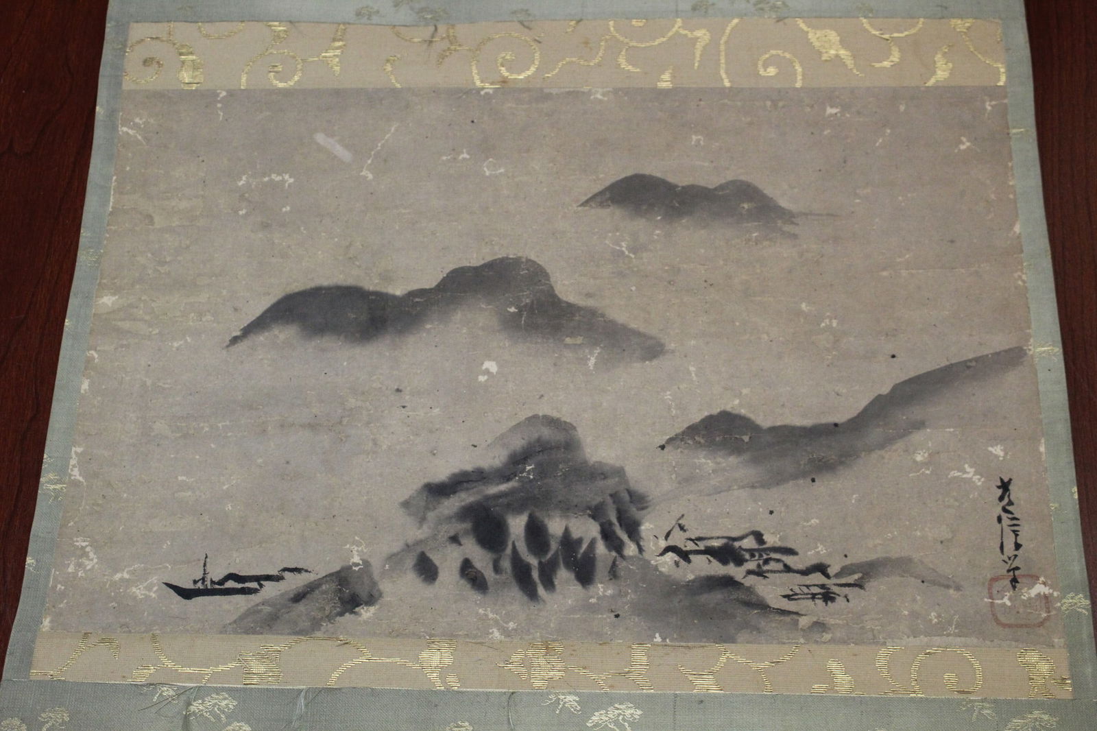 Japanese Ink Painting Scroll on Paper of Mountain and River Scene.: Japanese Ink Painting Scroll on Paper of Mountain and River Scene.. 17x11".