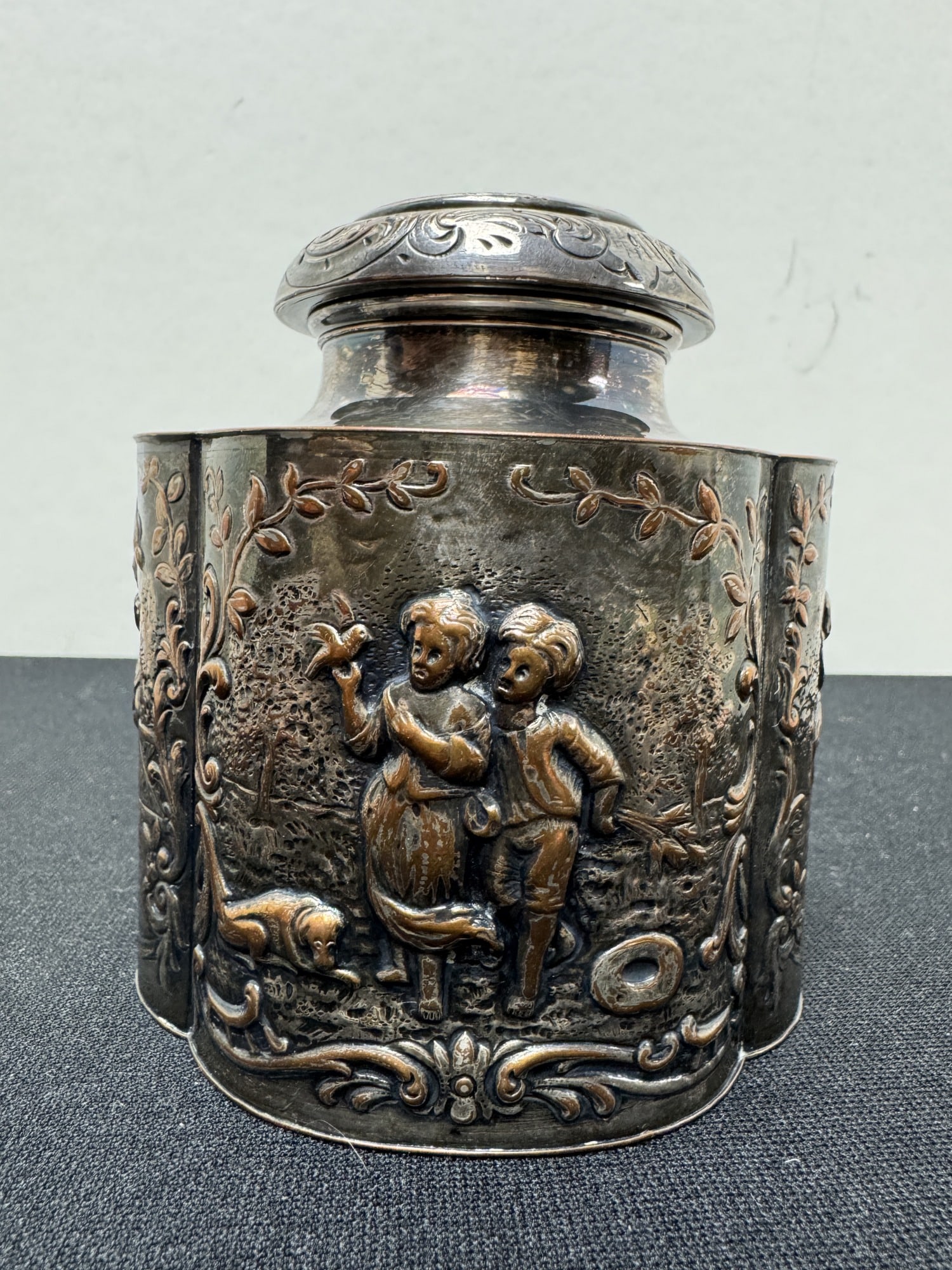 Silver Plate and Copper Tea Caddy: Silver Plate and Copper Tea Caddy. Height 4.25"