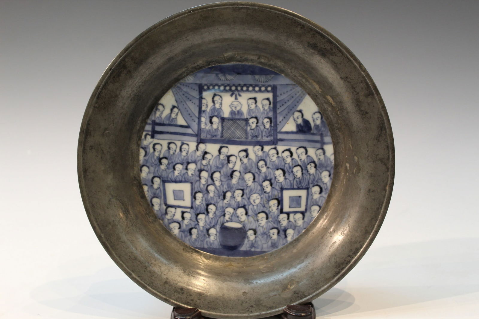 Chinese Blue and White Porcelain Dish with Pewter Rim Guard: Chinese Blue and White Porcelain Dish with Pewter Rim Guard. D 9.5".