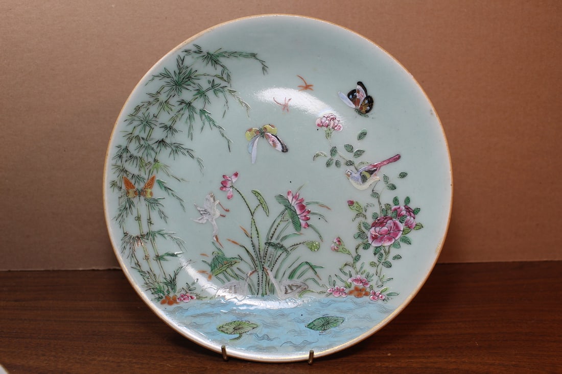 Chinese Celadon Glaze Famille Rose Porcelain Plate (1 of 9)