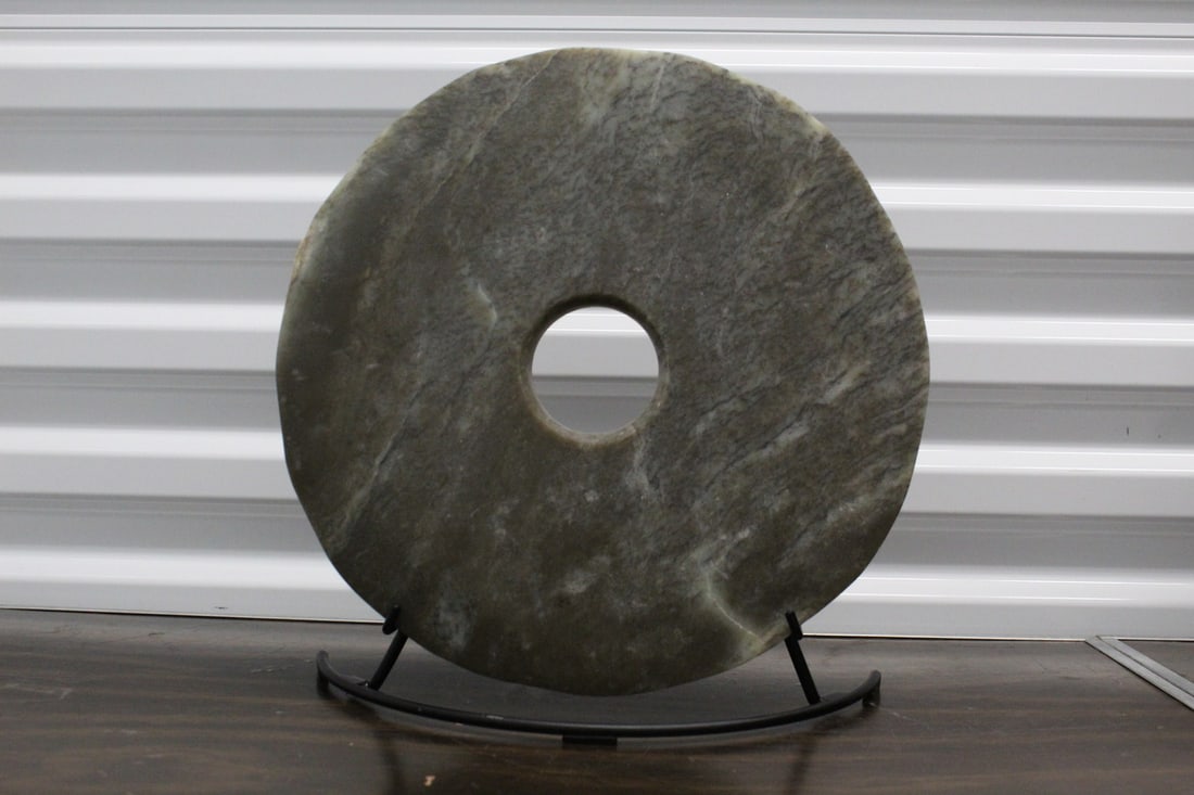 Large Chinese Jade Bi with Metal Stand: Large Chinese Jade Bi with Metal Stand. Diam 12.5".