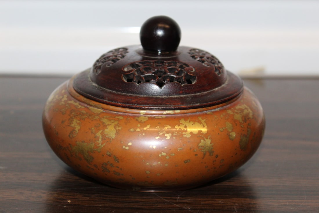 Chinese Gold Splash Bronze Incense Burner with Wood Lid: Chinese Gold Splash Bronze Incense Burner with Wood Lid. Diam 5.25".