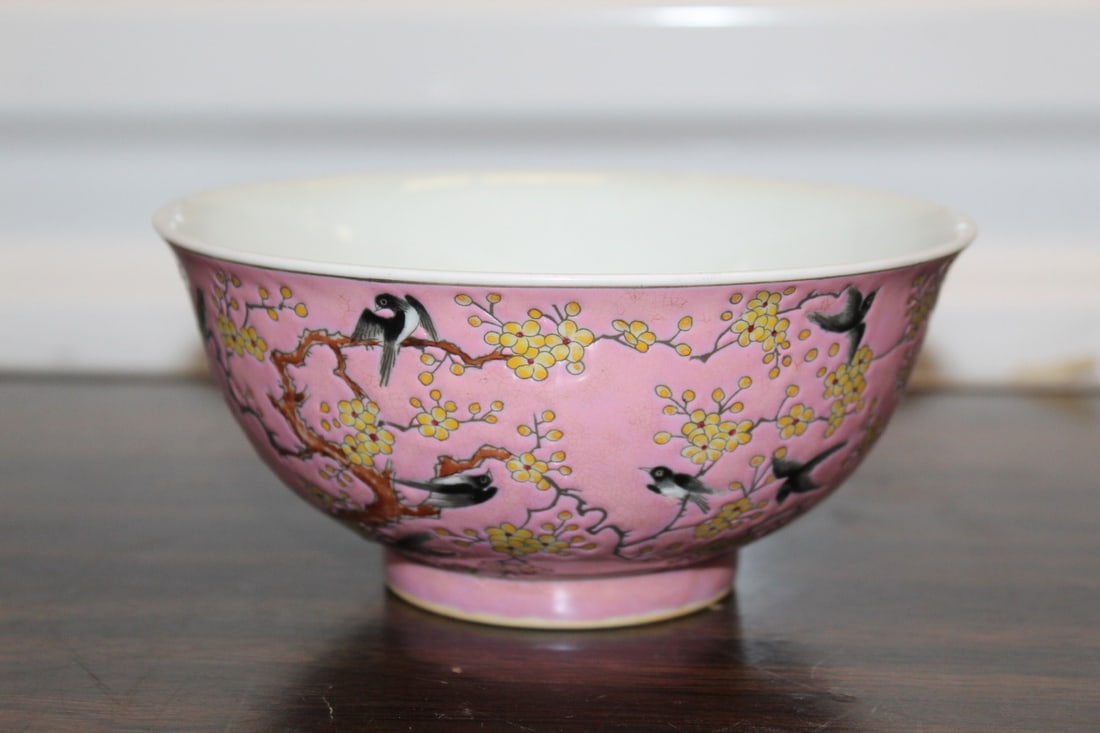 Chinese Pink Glazed Famille Rose Magpie Birds Porcelain Bowl: Chinese Pink Glazed Famille Rose Magpie Birds Porcelain Bowl. Diam 6".