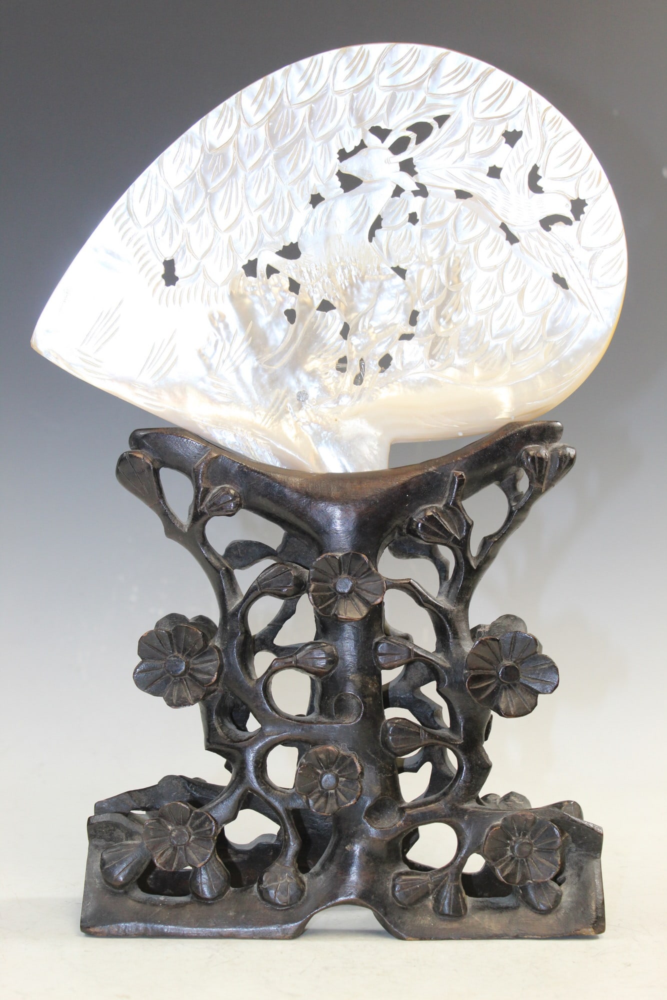 Chinese Carved Shell on Wood Stand: Chinese Carved Shell on Wood Stand. Total H 14.25".