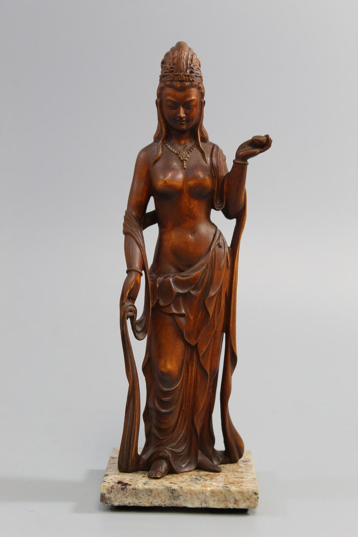 Chinese Carved Wood Guanyin Figure: Chinese Carved Wood Guanyin Figure. H 8.5".