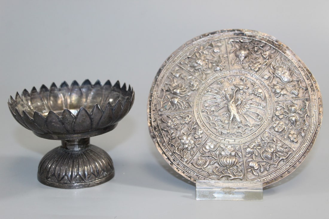 Chinese Silver Candle Holder and Plaque: Chinese Silver Candle Holder and Plaque. Diam 4.5". Candle Holder diam 3.25". H 2.25".