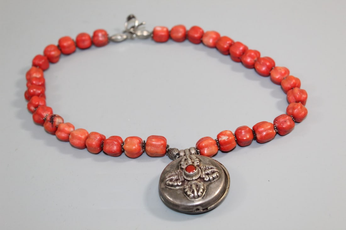 Tibetan Red Coral Beads Necklace with Silver Pendant: Tibetan Red Coral Beads Necklace with Silver Pendant. L 22". Coral Diam 0.5".