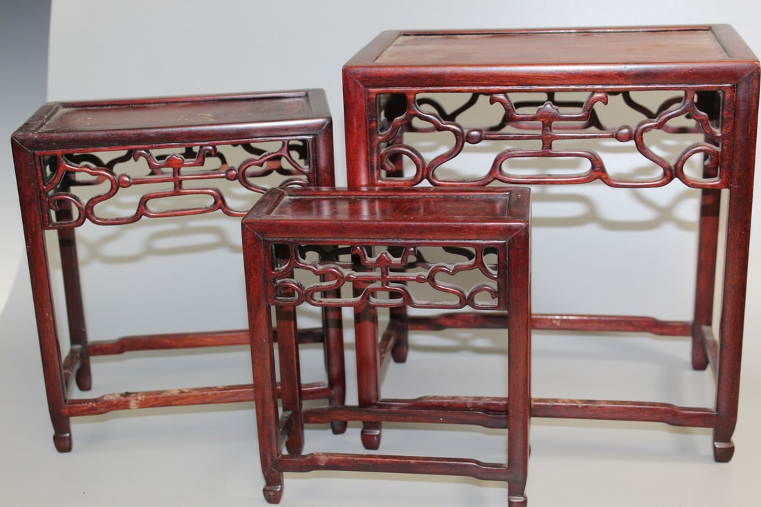 Set of Three Chinese Rosewood Stands: Set of Three Chinese Rosewood Stands. 10" x 9" x 5.5".