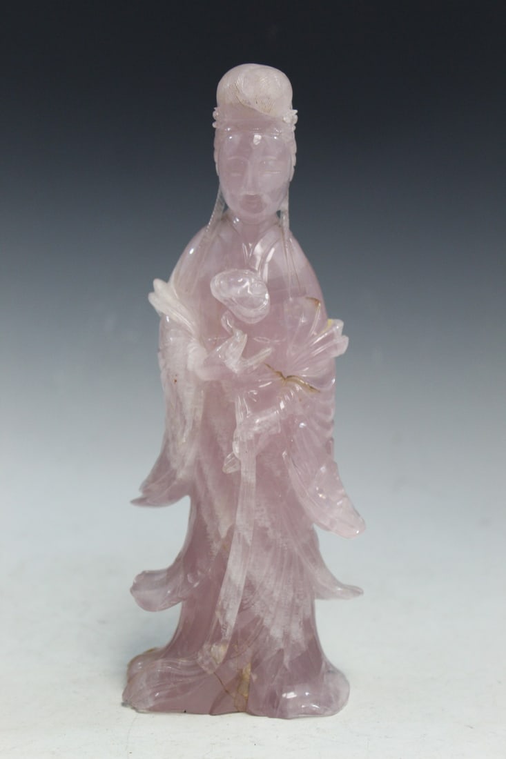 Chinese Carved Rose Quartz Guanyin Statue: Chinese Carved Rose Quartz Guanyin Statue. H 9".