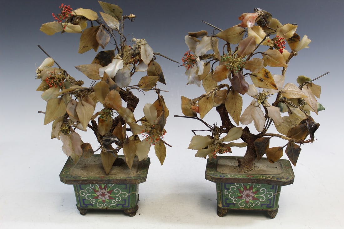 Pair of Chinese Jade Trees in Cloisonne Planters: Pair of Chinese Jade Trees in Cloisonne Planters. H 12.5". As Is.