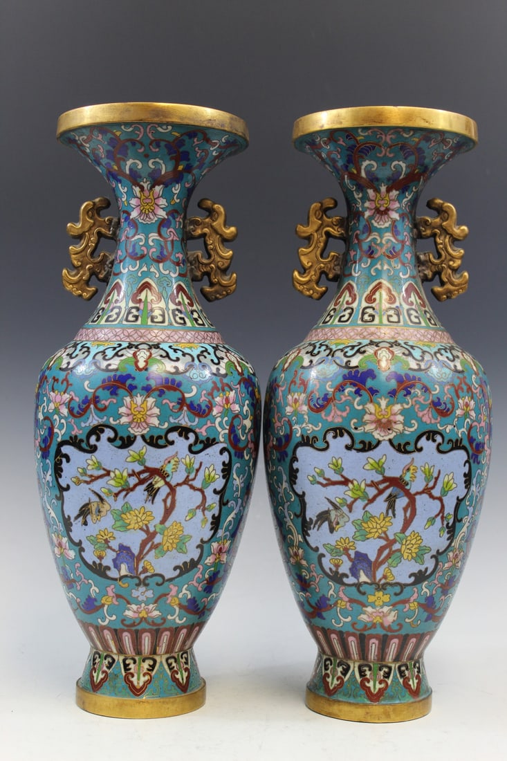 Pair of Chinese cloisonne tall vases. Early 20th Century: Pair of Chinese cloisonne tall vases. Early 20th Century. Ht 15". Dia 5.5".