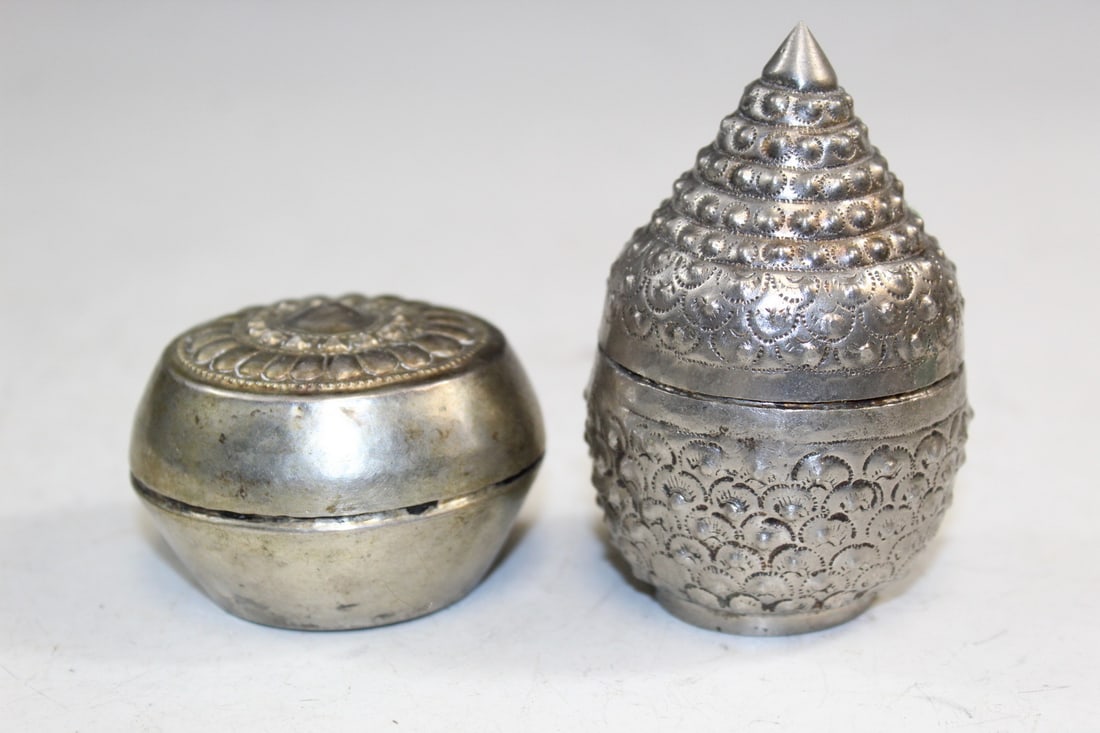 Two Asian Silver Tone Boxes.: Two Asian Silver Tone Boxes.. Larger Diam 2 1/4".
