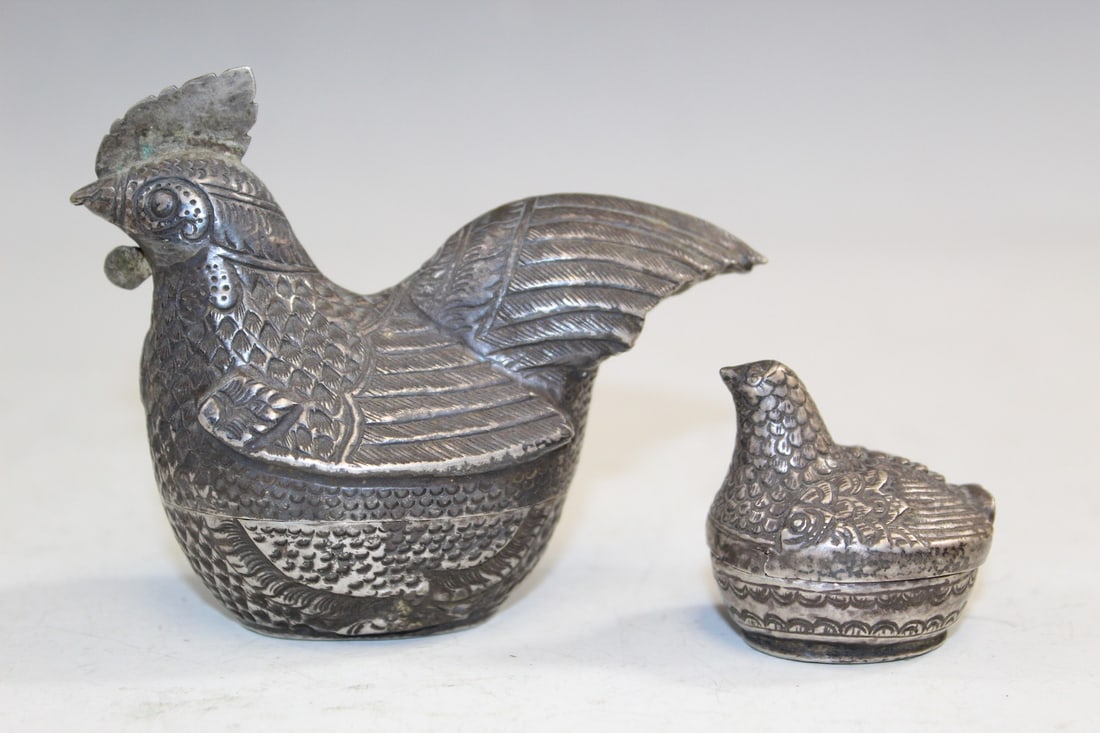 Two Asian Silver Chicken Boxes: Two Asian Silver Chicken Boxes. Larger L 4". 75 g.