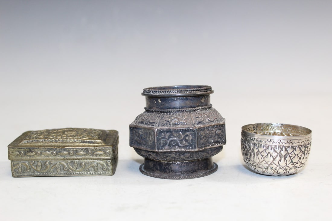 Three Asian Silver Tone Items: Three Asian Silver Tone Items. Largest L 2 1/4".