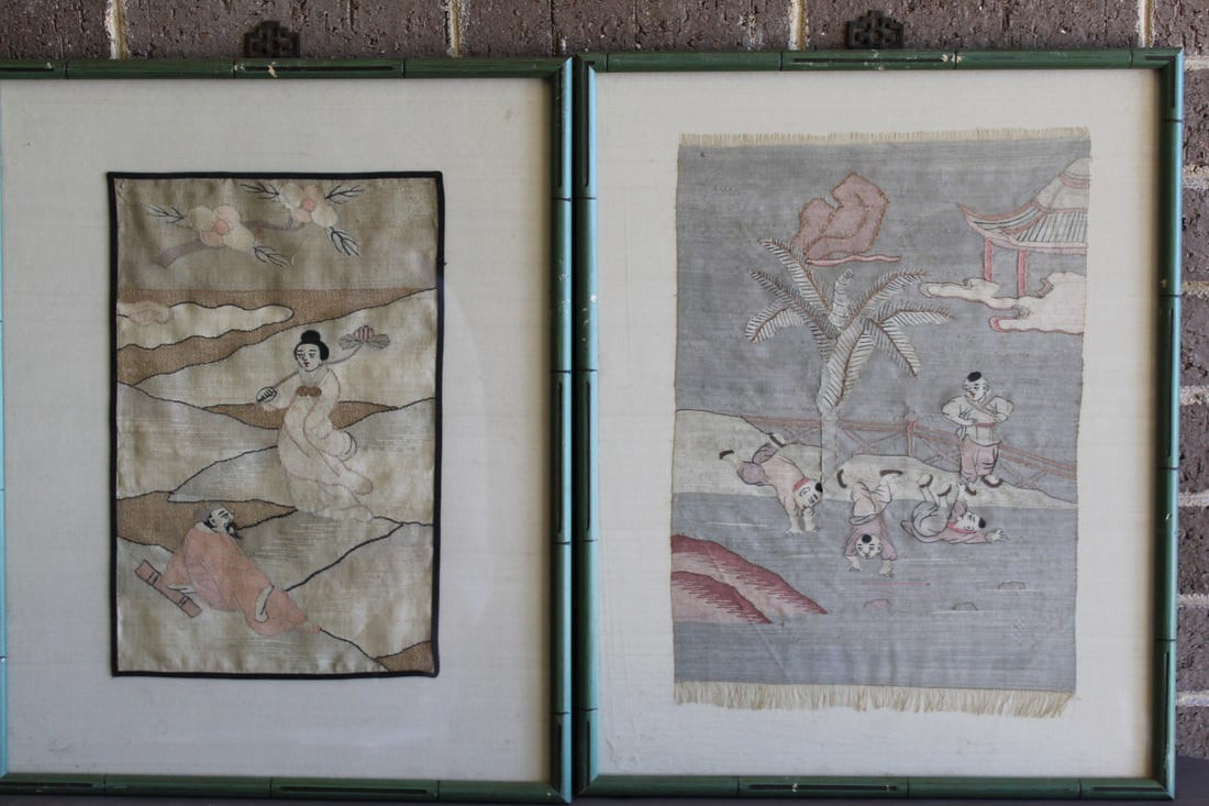 Two Chinese Silk Kesi Panels: Two Chinese Silk Kesi Panels. 13.5x9.5", frame 17.5x14.25".