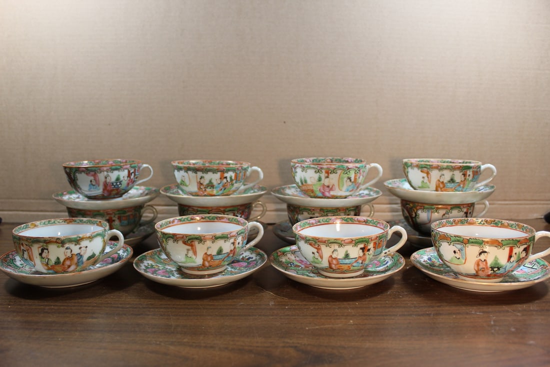 Twelve Sets of Chinese Rose Medallion Porcelain Cups and Saucers. (1 of 9)
