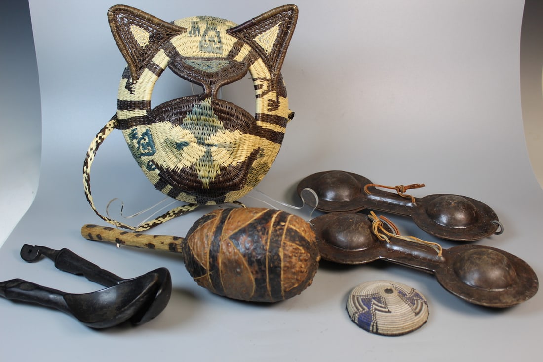 Group of African Instruments, Mask and Wood Spoons.: Group of African Instruments, Mask and Wood Spoons.. L 11".