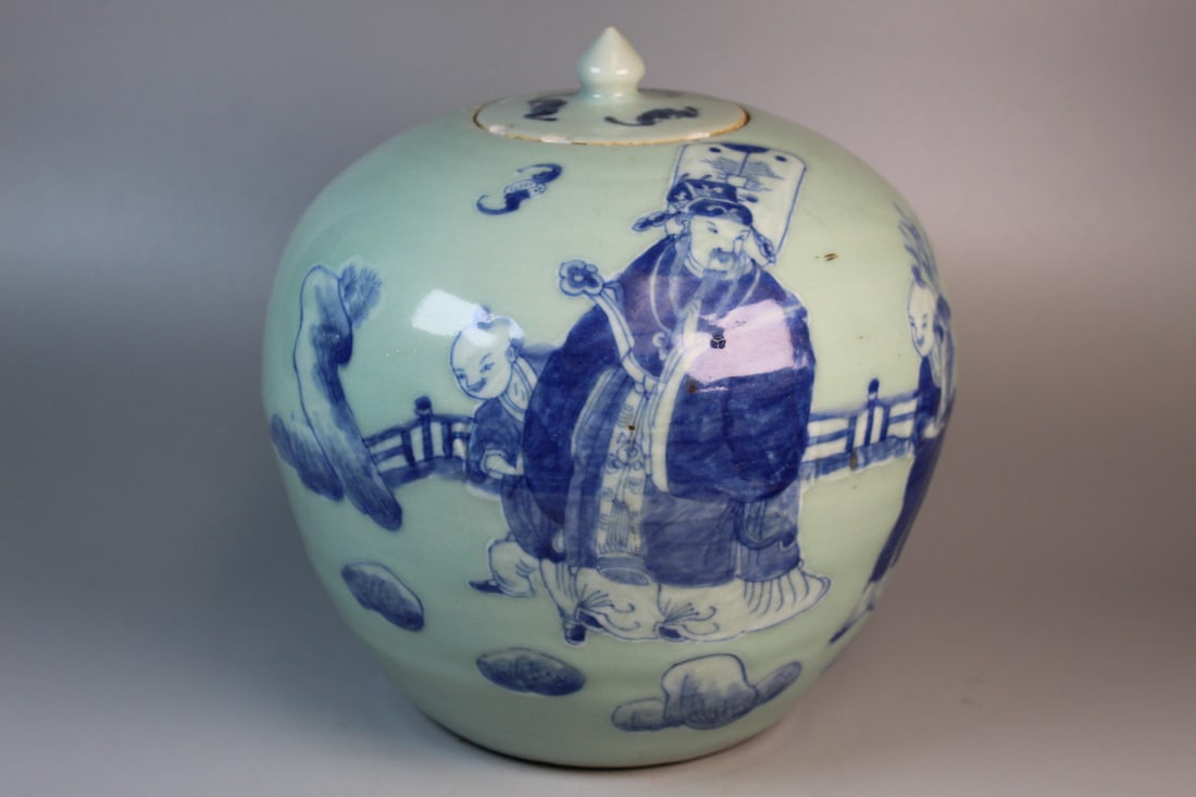 Chinese Blue and White on Celadon Glazed Porcelain Ginger Jar: Chinese Blue and White on Celadon Glazed Porcelain Ginger Jar. H 10.5", Diam 9.5".