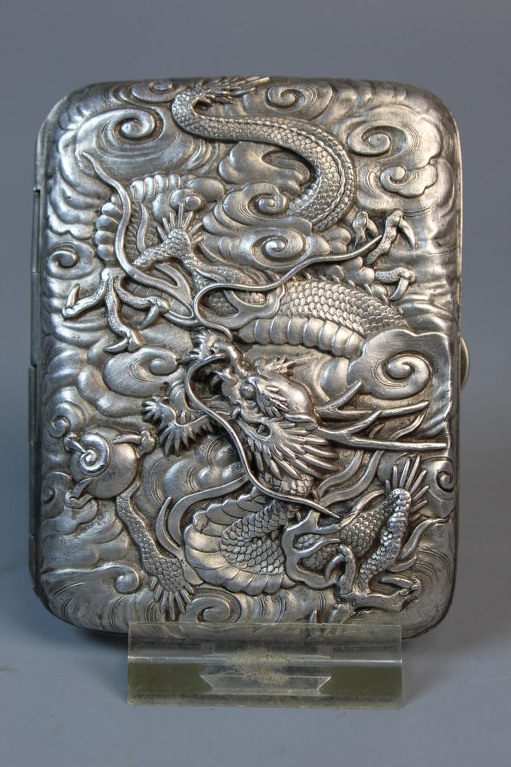 Chinese Silver Dragon Cigarette Case: Chinese Silver Dragon Cigarette Case. 3.5x2.75x0.5". 82 g.