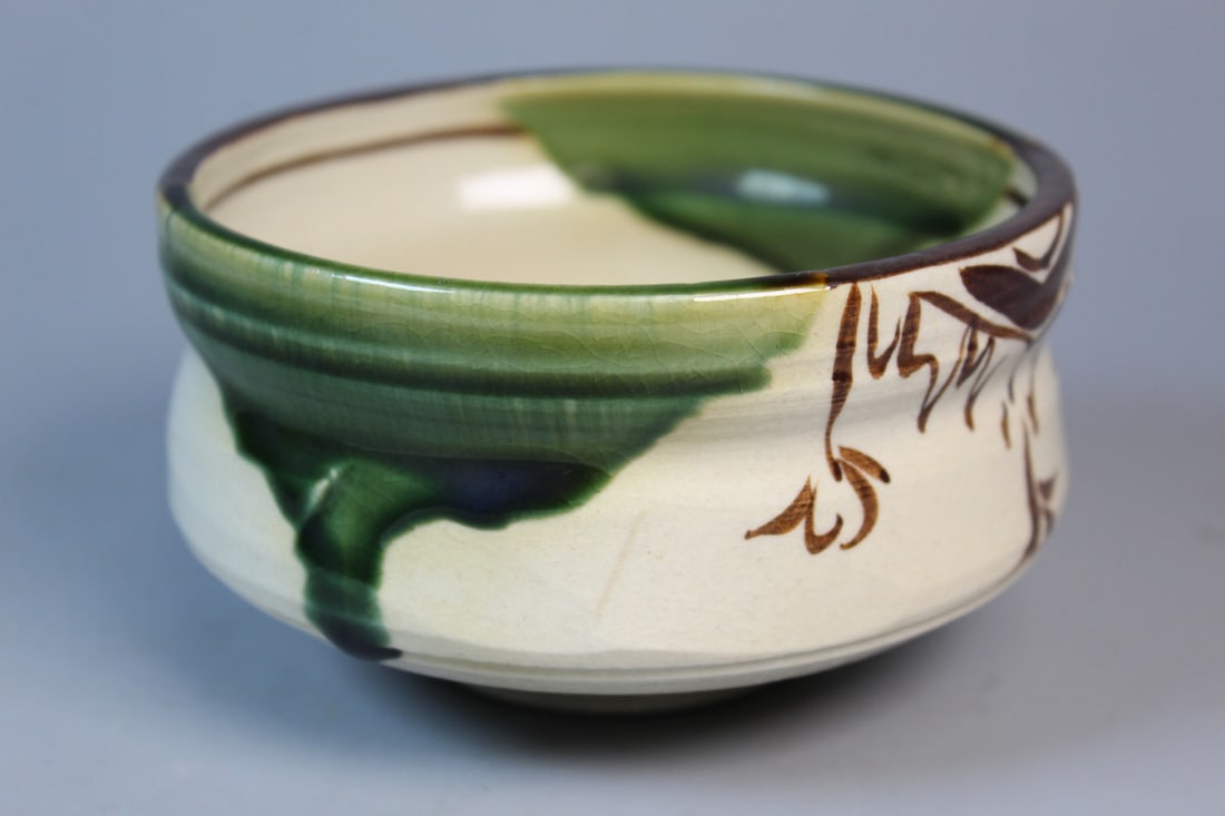 Japanese Oribe Tea Cup: Japanese Oribe Tea Cup. Diam 4.5". H 2.5".