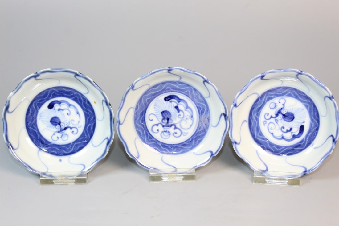 Three Chinese Blue and White Porcelain Saucers: Three Chinese Blue and White Porcelain Saucers. Diam 4".