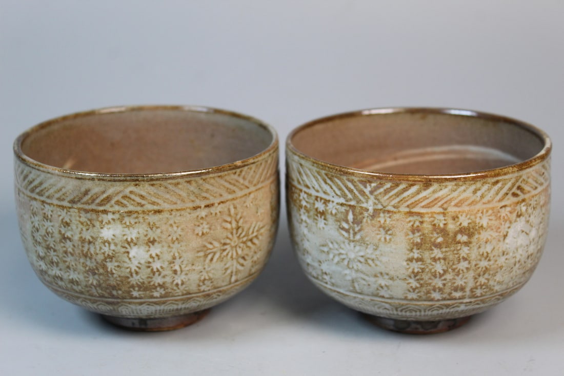 Pair of Japanese Glazed Tea Bowls: Pair of Japanese Glazed Tea Bowls. H 2.75". Diam 3.75".